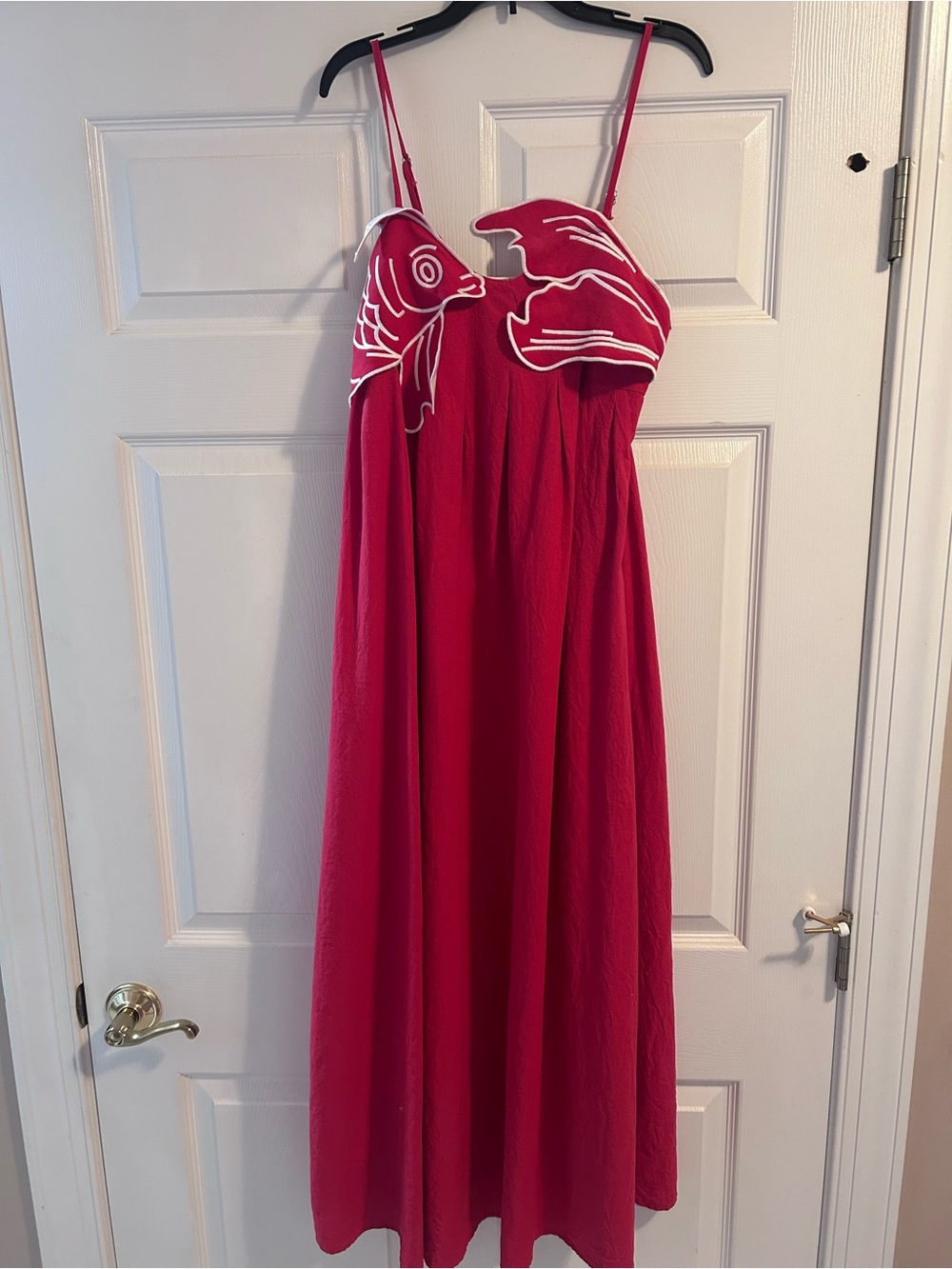Source Unknown Hot Pink Spaghetti-Strap Maxi Dress with White Embroidered Bodice